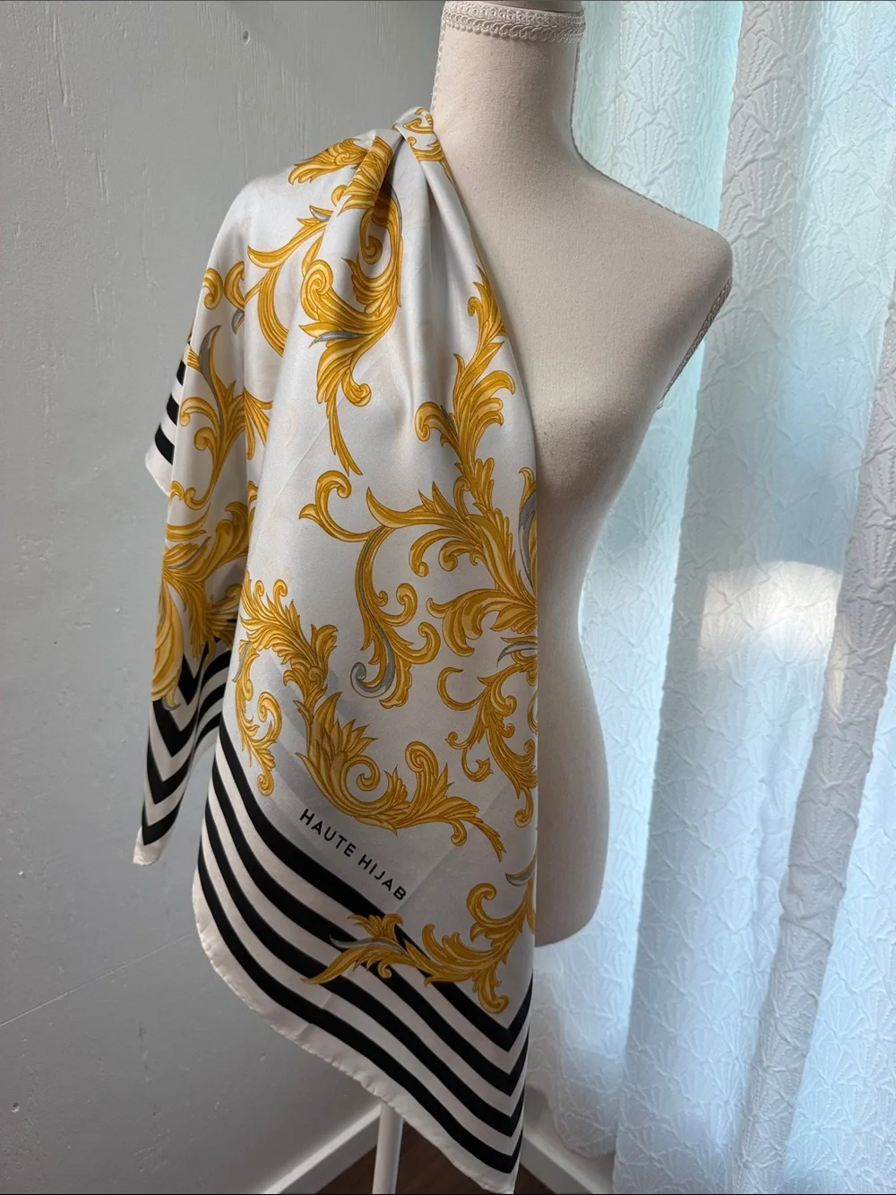 White and Gold Baroque Print Scarf